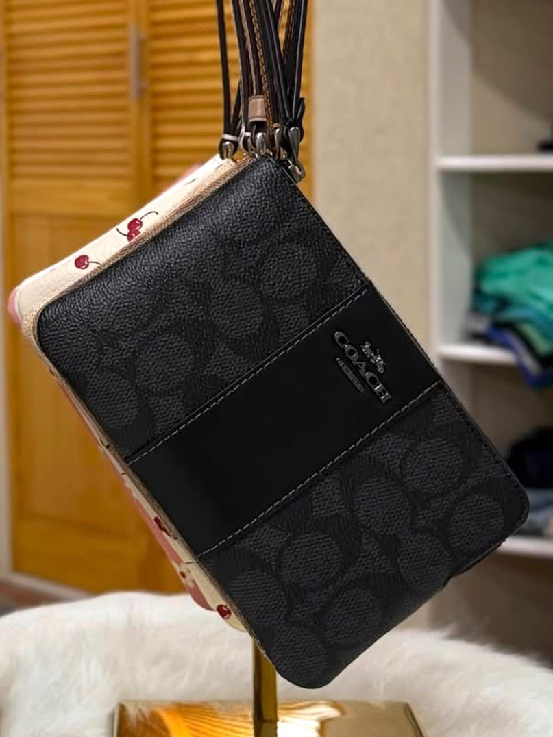 Coach Women's Double Zip Wristlet in Signature Canvas with Stripe & Cherry Print – Charcoal / Black