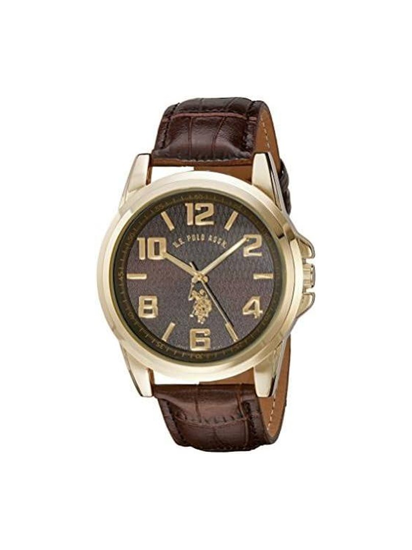 U.S. Polo Assn. Men's Classic Leather Strap Watch – Textured Brown Dial / Gold Case