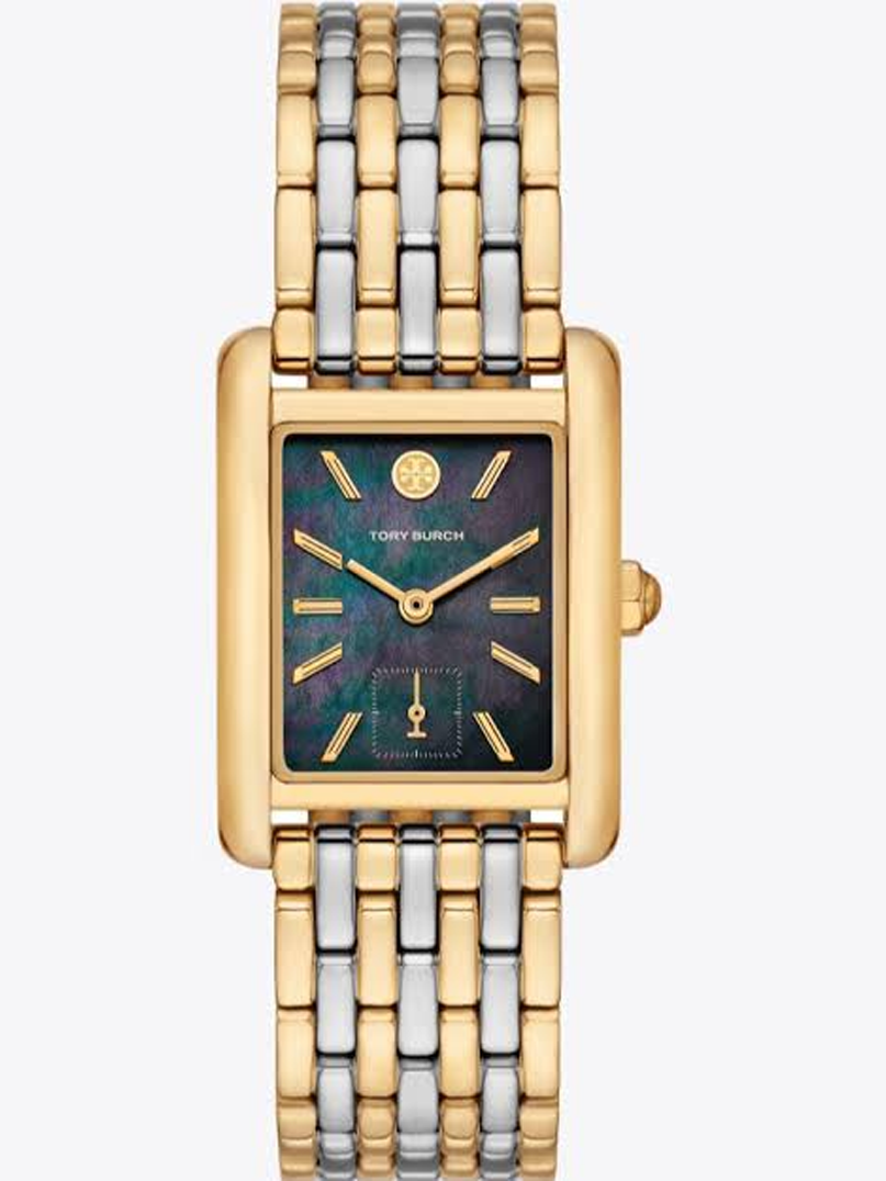 Tory Burch Eleanor Rectangular Two-Tone Bracelet Watch in Gold & Black Mother of Pearl